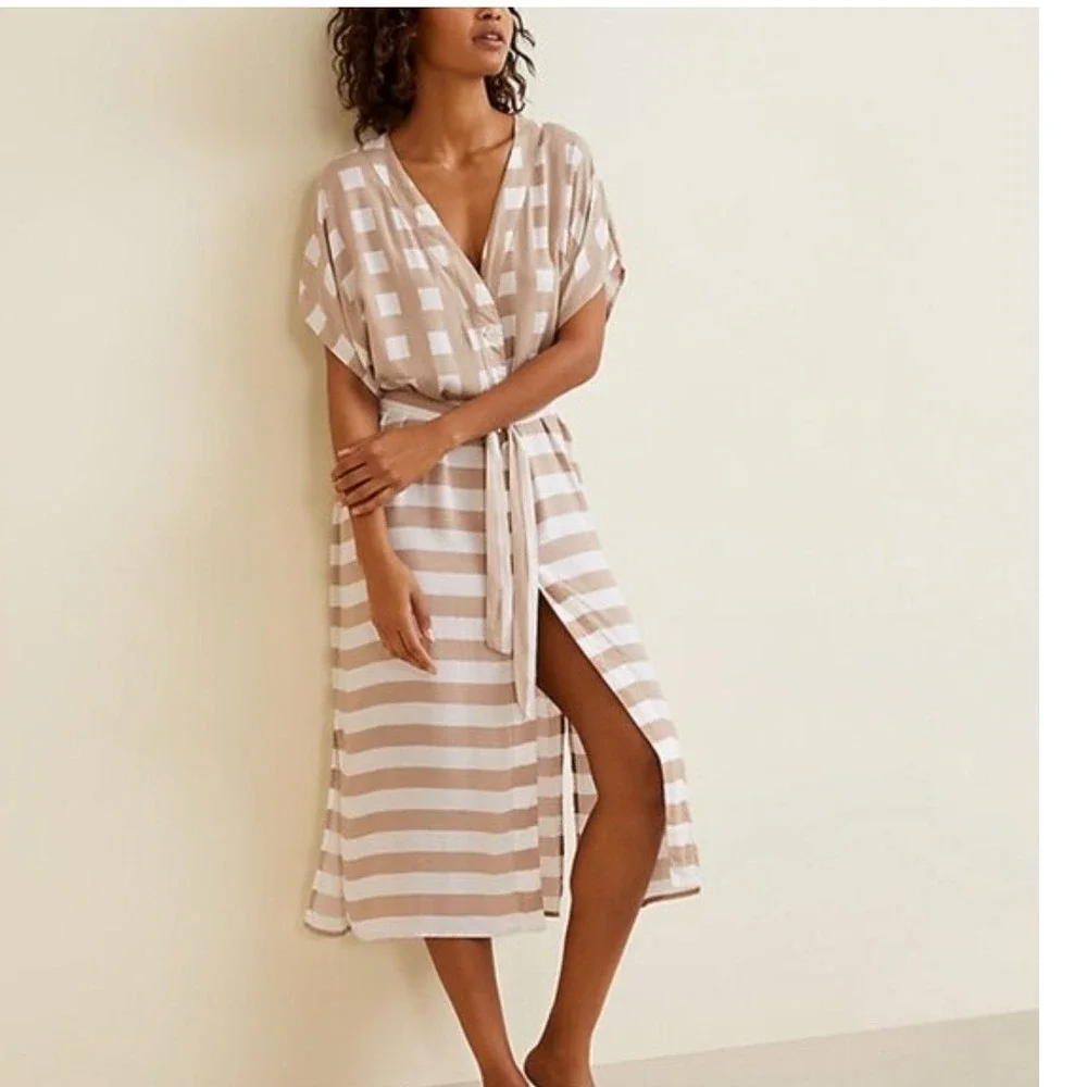 Garnet Hill Tan White Striped Checkered‎ Swim Cover Up Midi Dress Womens Large